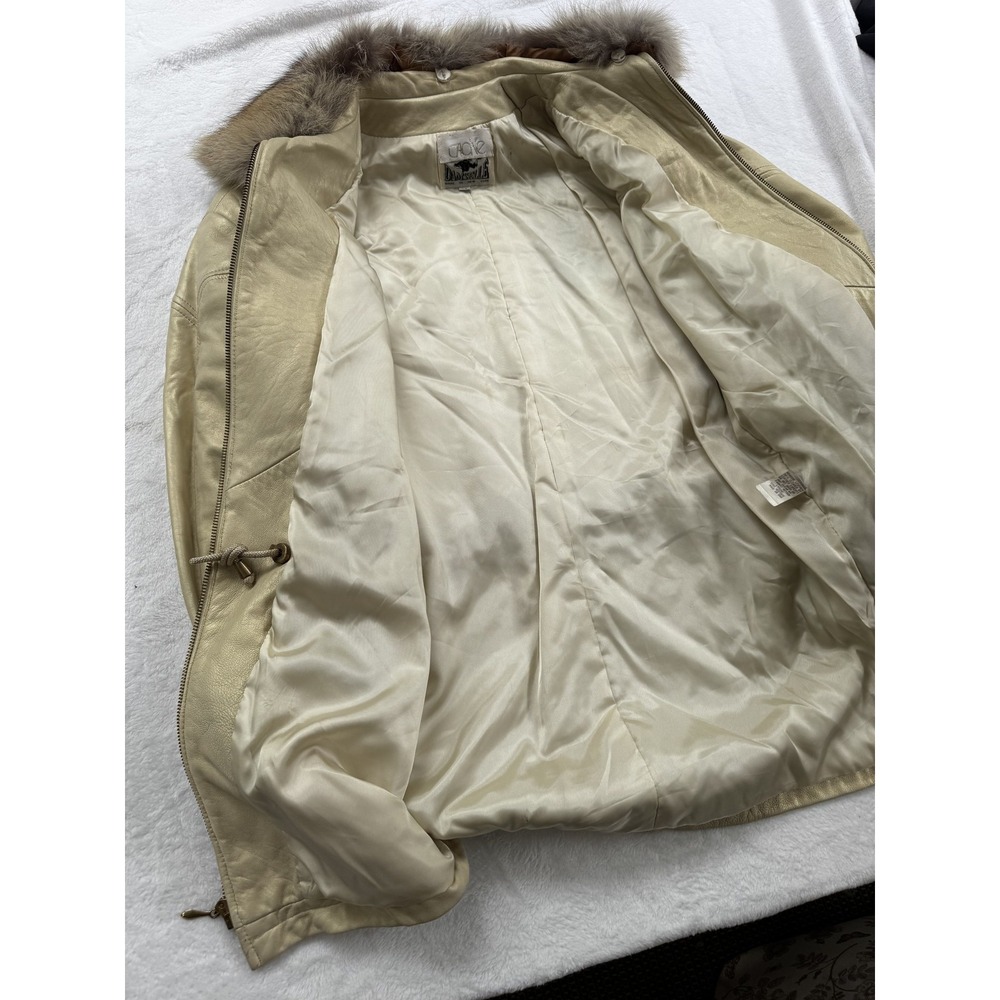 Vintage Cache Damselle Jacket Womens XS Beige Leather Fur Collar Belted USA 80s - Picture 11 of 12